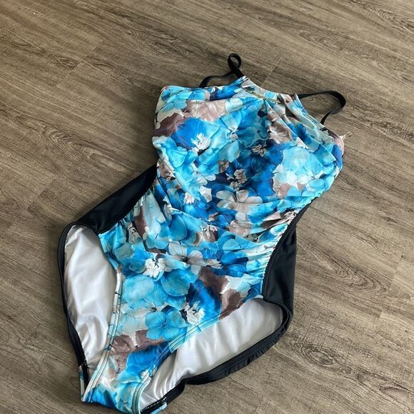 Calvin Klein Women's Solid High Neck Pleated One Piece Swimsuit - Picture 2 of 4